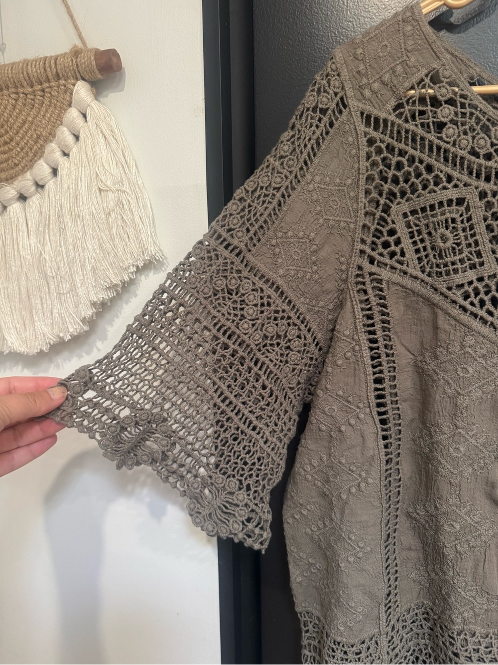Democracy Dusty Olive Green Cotton Crochet Lace Tunic